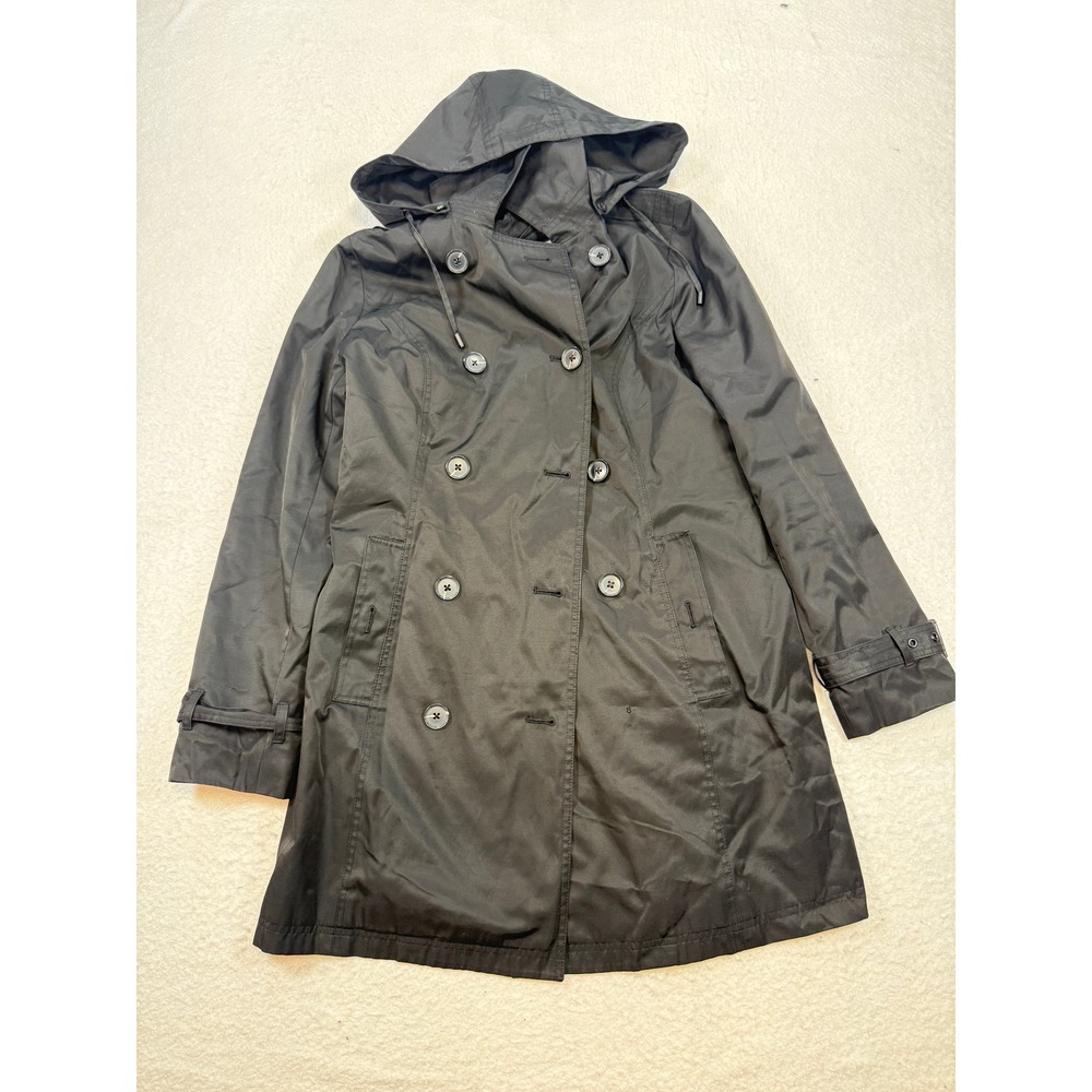 Michael Kors Womens Black Double Breasted Hooded Trench Coat Size M
